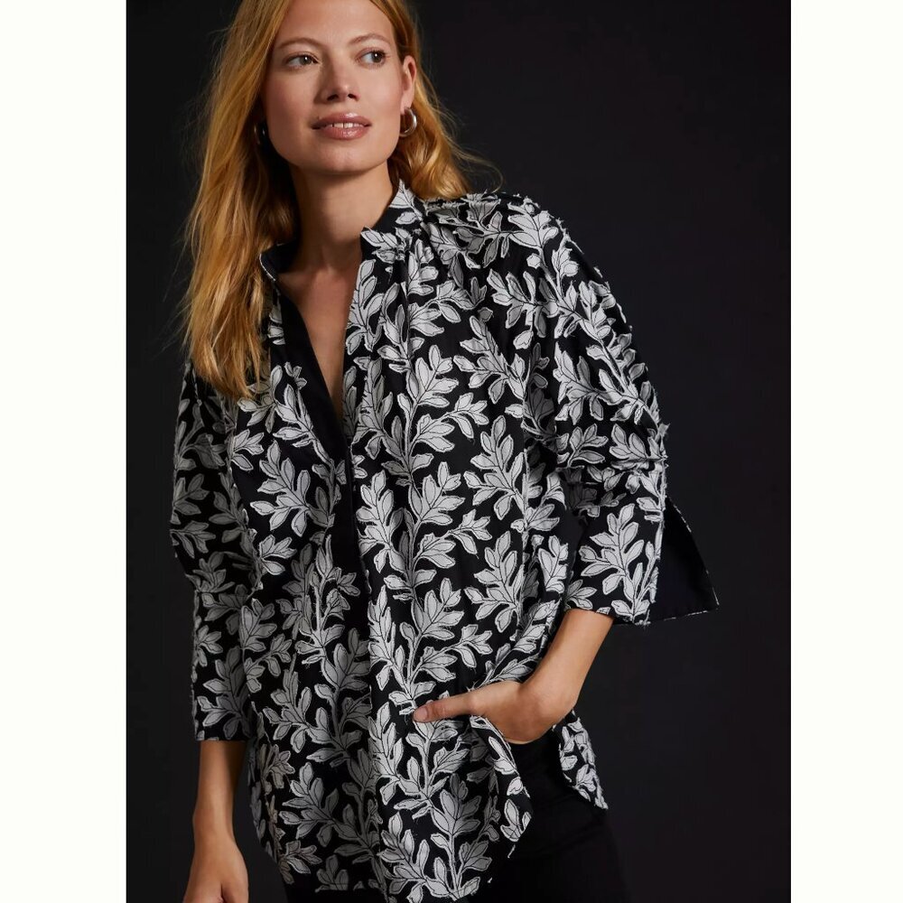 Anthropologie Popover Leaf Embroidered Black White Cotton Blouse Size Small